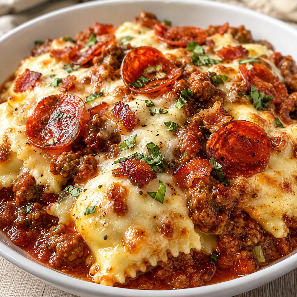 Cheesy pizza ravioli bake with sausage, pepperoni, mozzarella, and basil