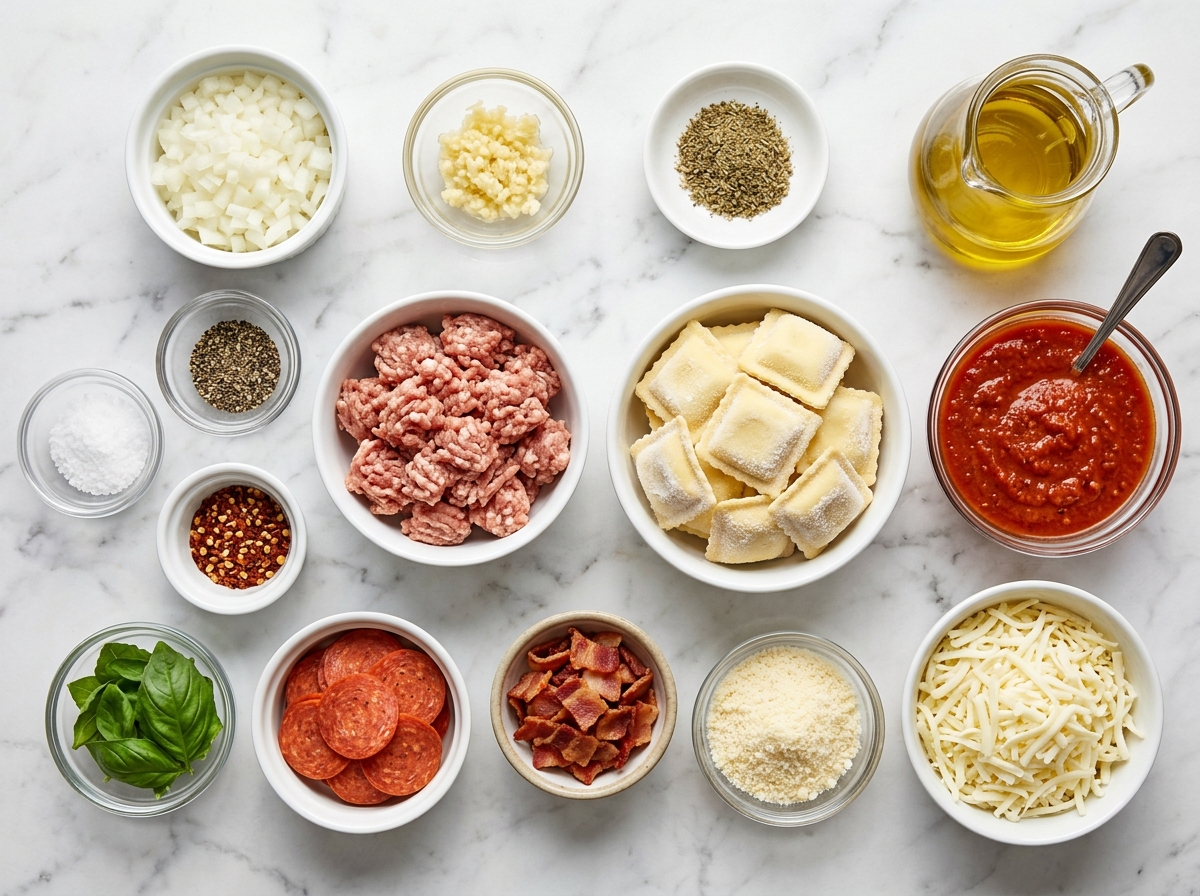 Ingredients for pizza ravioli bake with sausage, pepperoni, and mozzarella