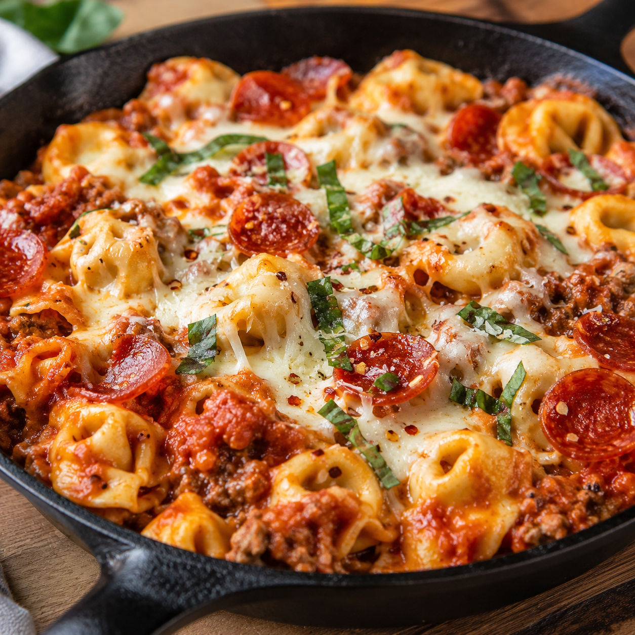 Cheesy pizza tortellini skillet with pepperoni, mozzarella, and basil