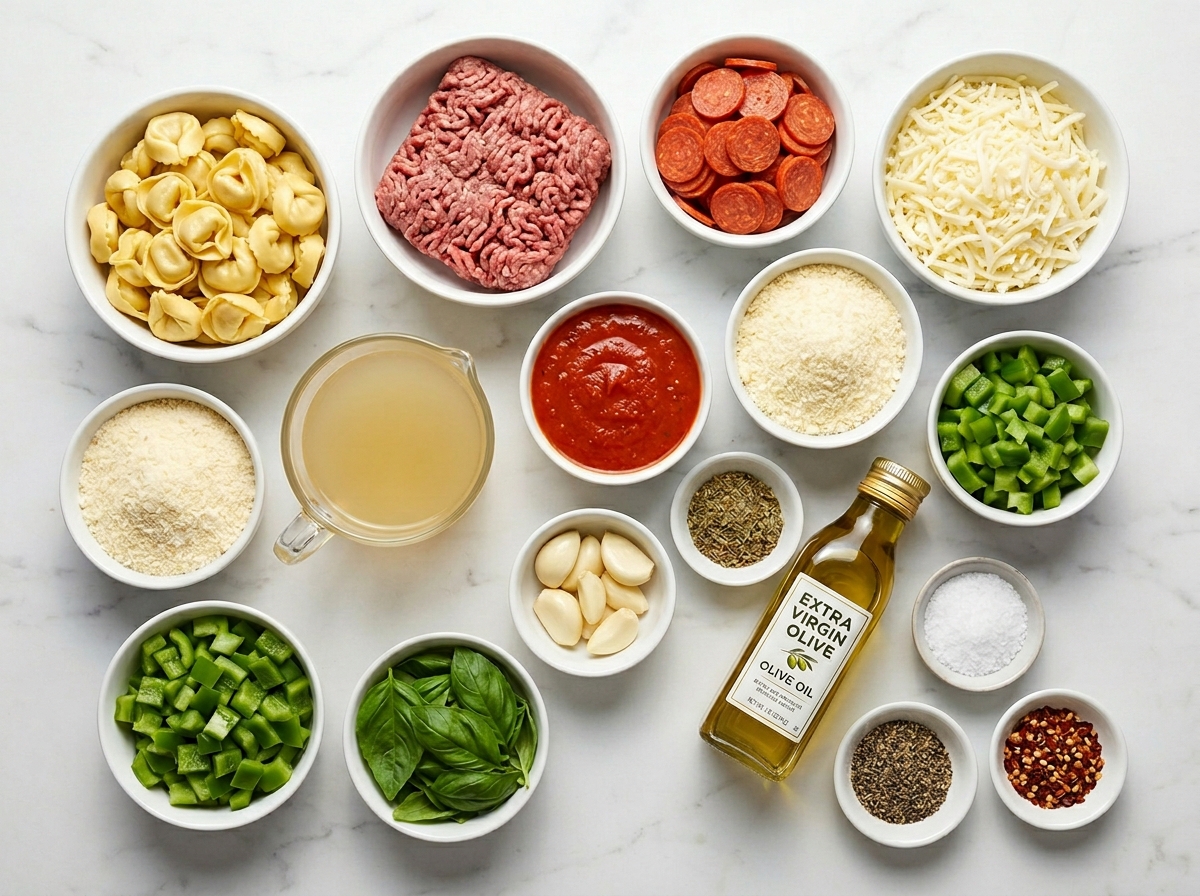 Ingredients for pizza tortellini skillet with beef, pepperoni, and cheese