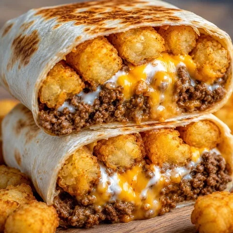 Cheesy potato burrito cut in half showing crispy tots, beef, and melted cheese
