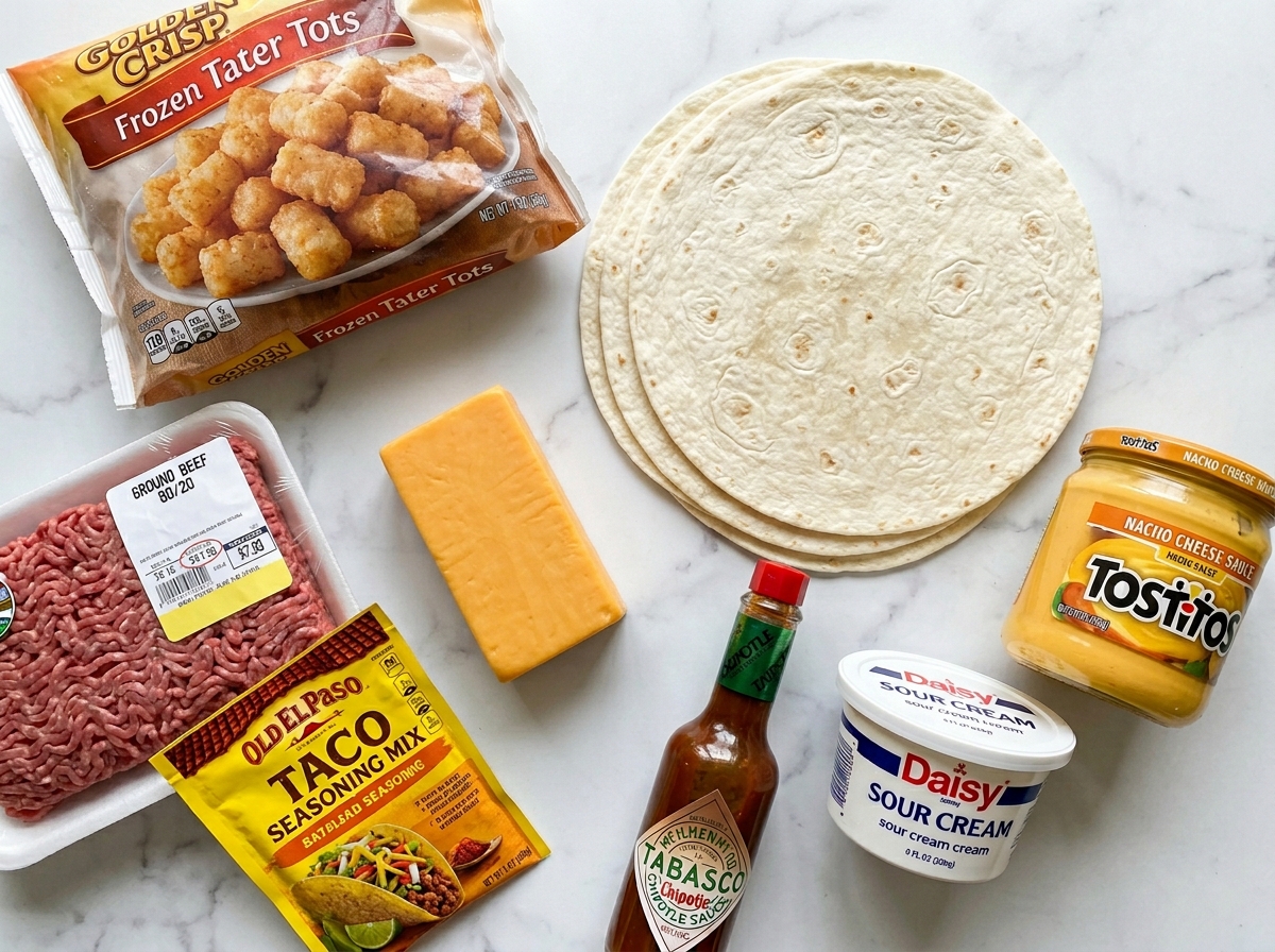Raw ingredients for cheesy potato burritos on a wooden counter