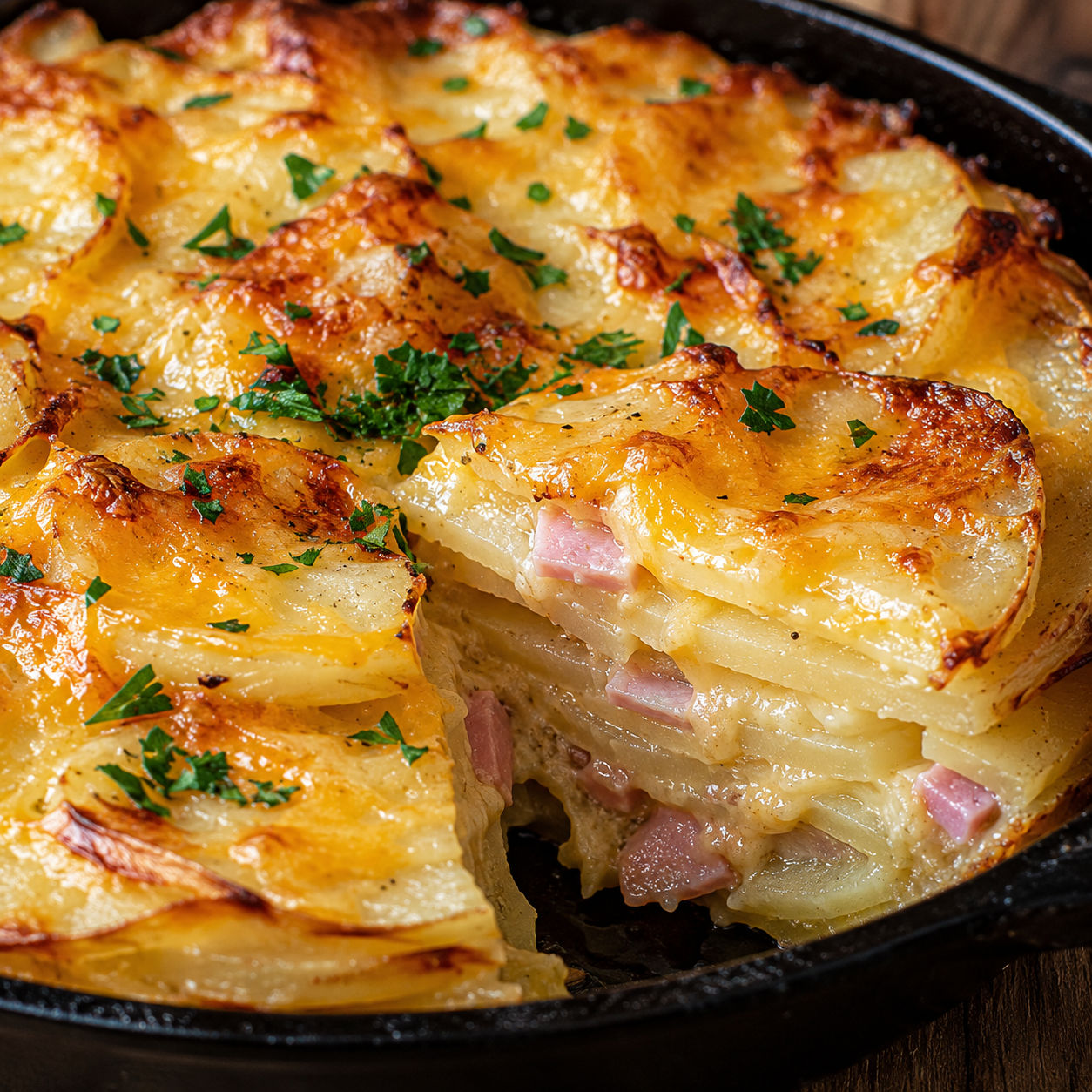 Cheesy potato cake with ham, Gruyère, and parsley in a skillet