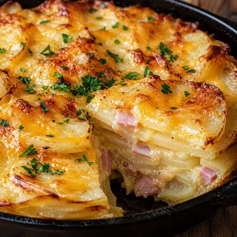 Cheesy potato cake with ham, Gruyère, and parsley in a skillet