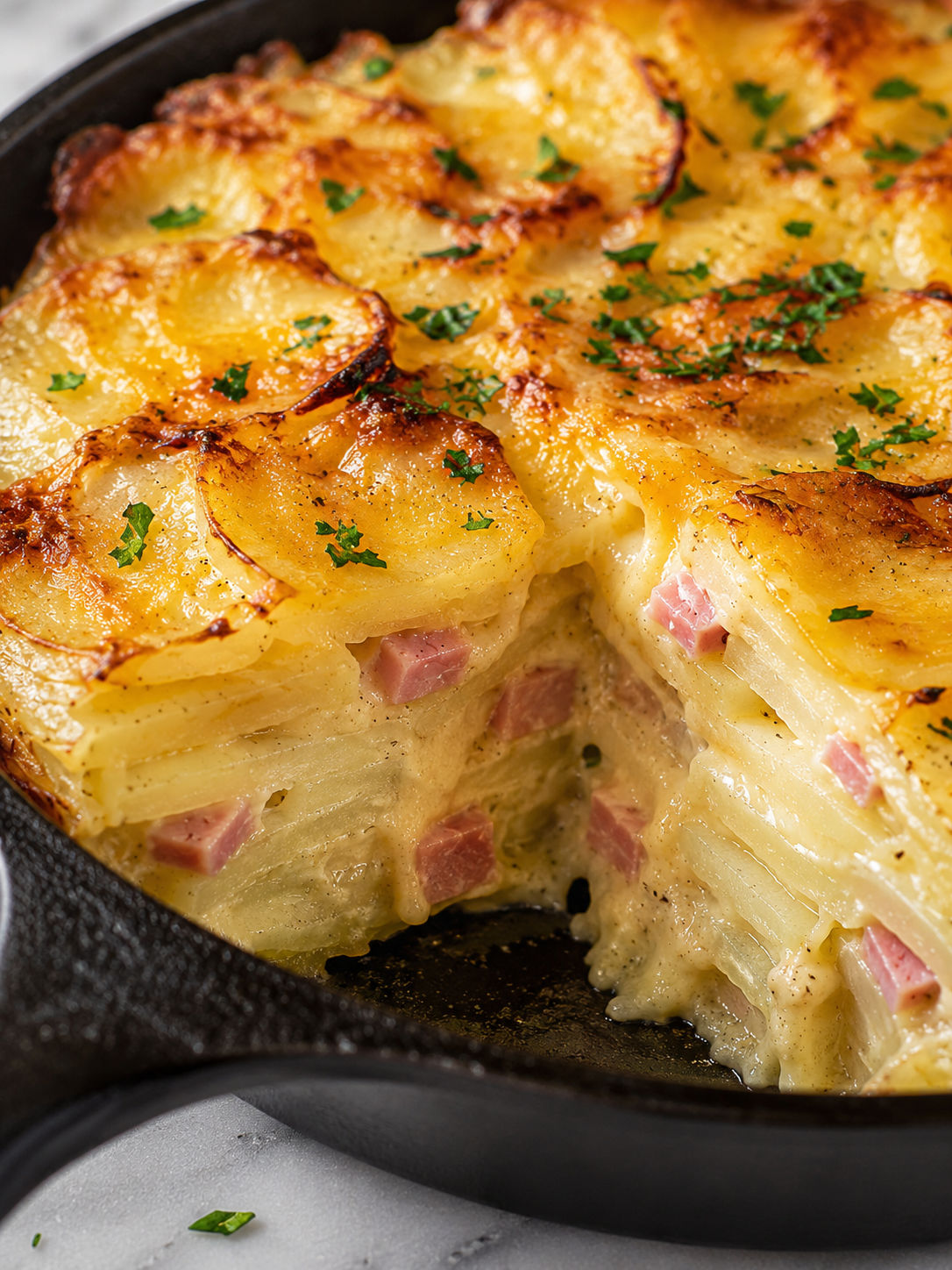 Cheesy Potato Cake with Ham and Gruyère, plated and served
