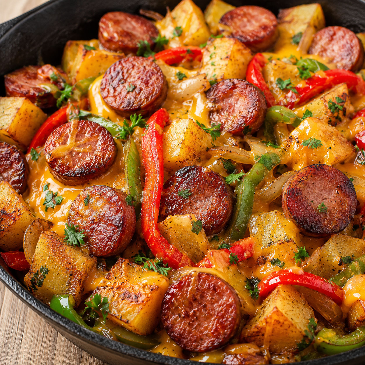 Cheesy kielbasa potato skillet with bell peppers and parsley
