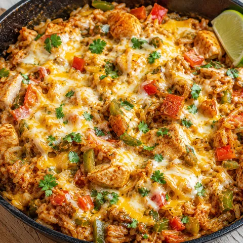 Cheesy queso chicken fajita skillet with peppers, rice, cilantro, and lime