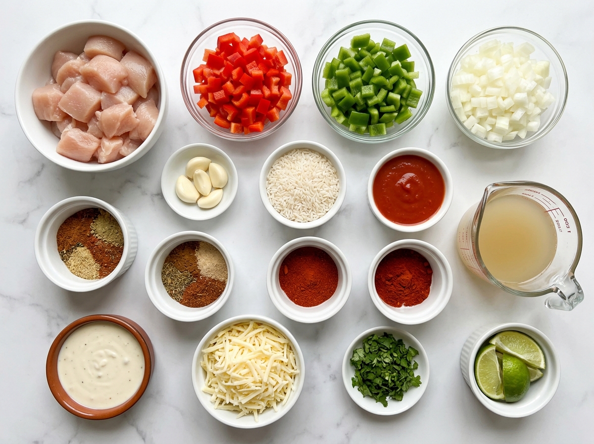 Chicken, peppers, rice, queso, cheese, cilantro, and lime for a fajita skillet