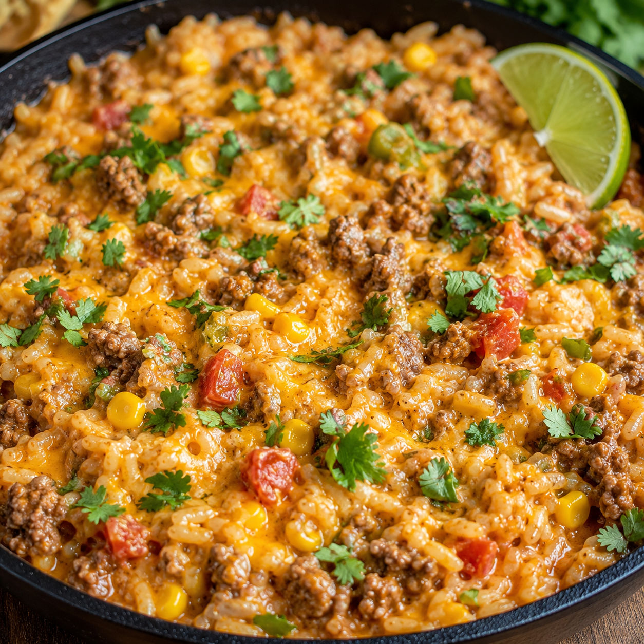 Cheesy queso ground beef rice skillet with cilantro and lime