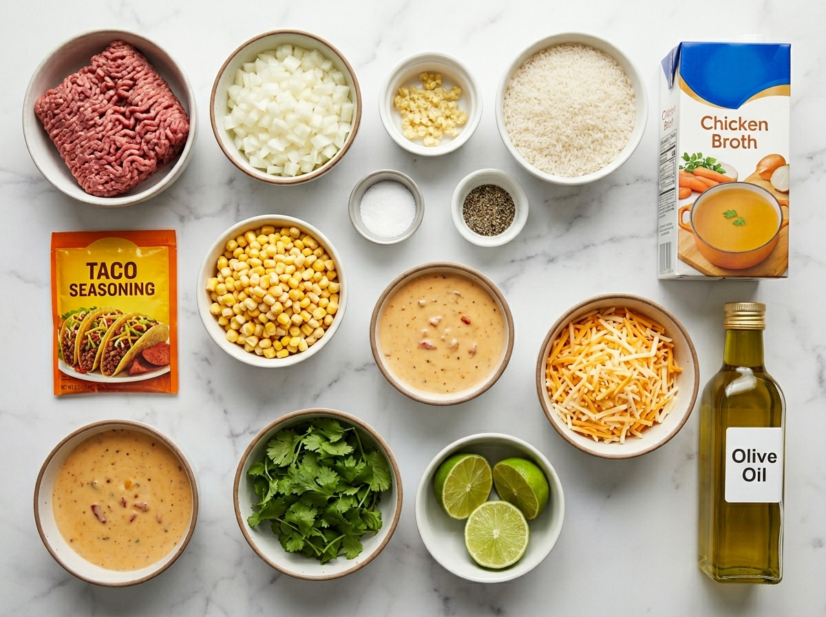 Ingredients for queso ground beef rice with cheese, corn, tomatoes, and lime