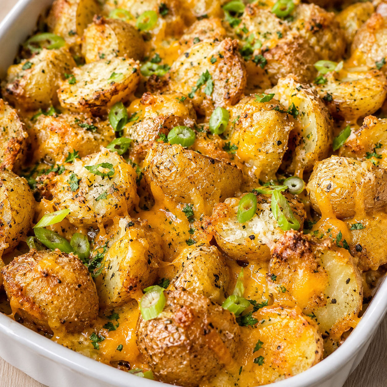Cheesy ranch roasted potatoes with cheddar, Parmesan, parsley, and green onions