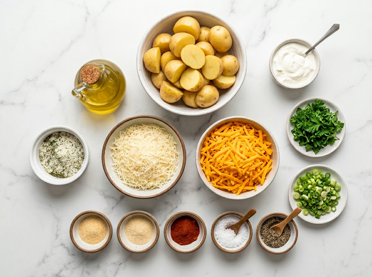 Ingredients for cheesy ranch roasted potatoes with cheddar and Parmesan