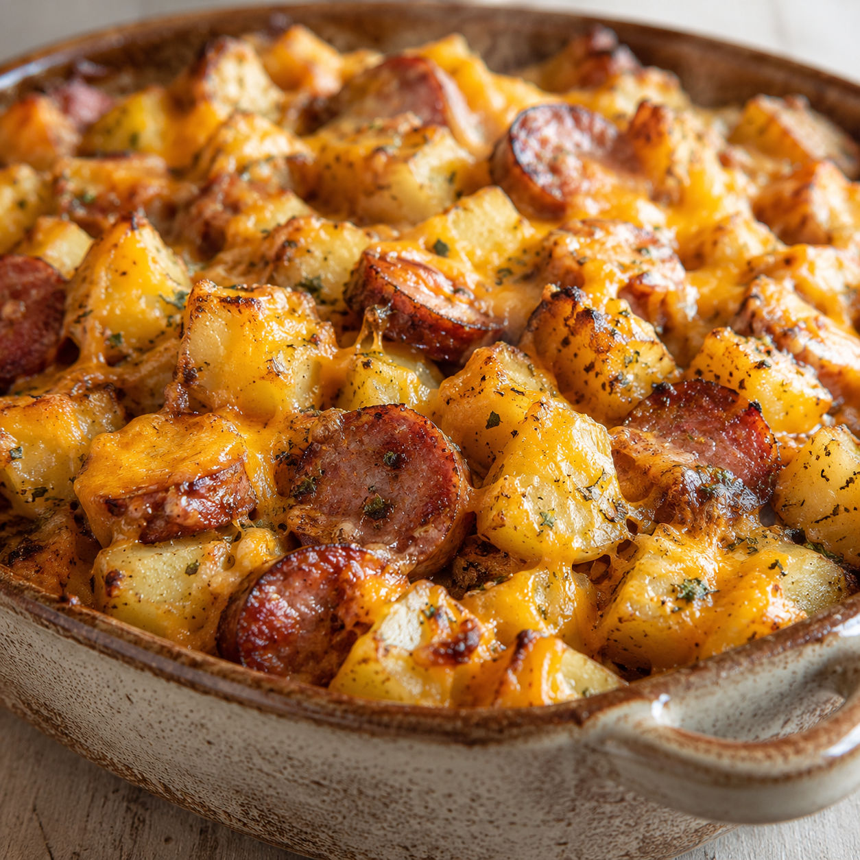 Cheesy ranch potatoes with smoked sausage and melted cheddar in a baking dish
