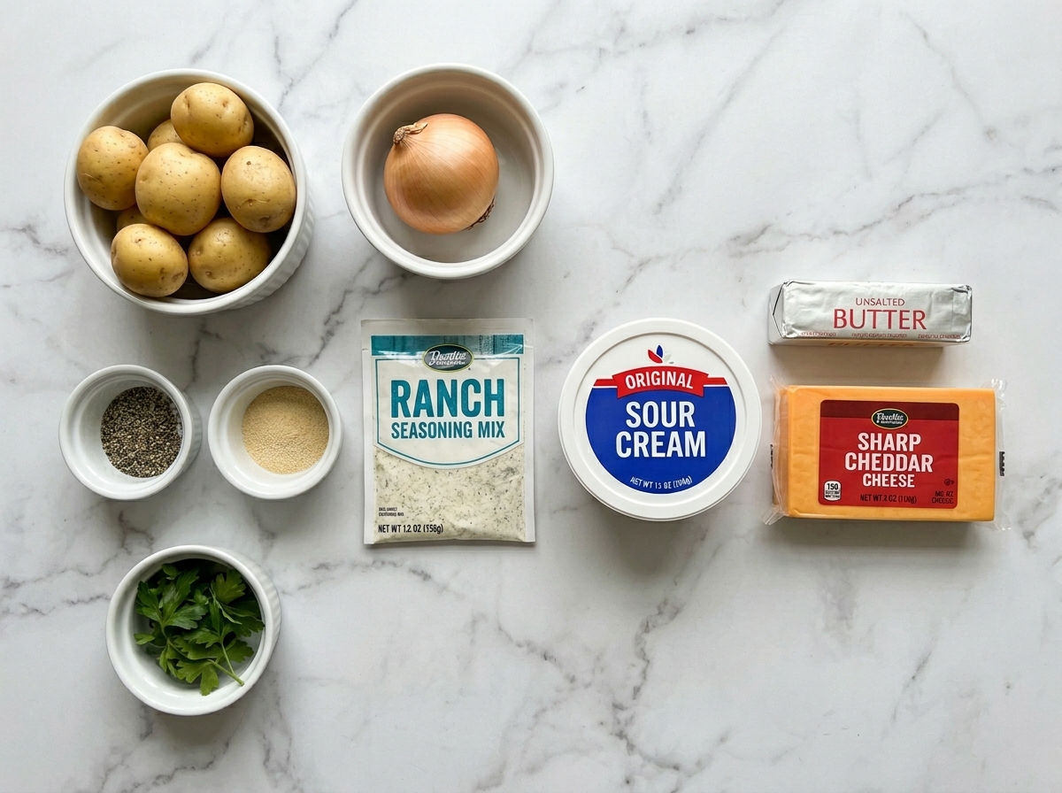 Raw ingredients for cheesy ranch potatoes with sausage on a wooden board