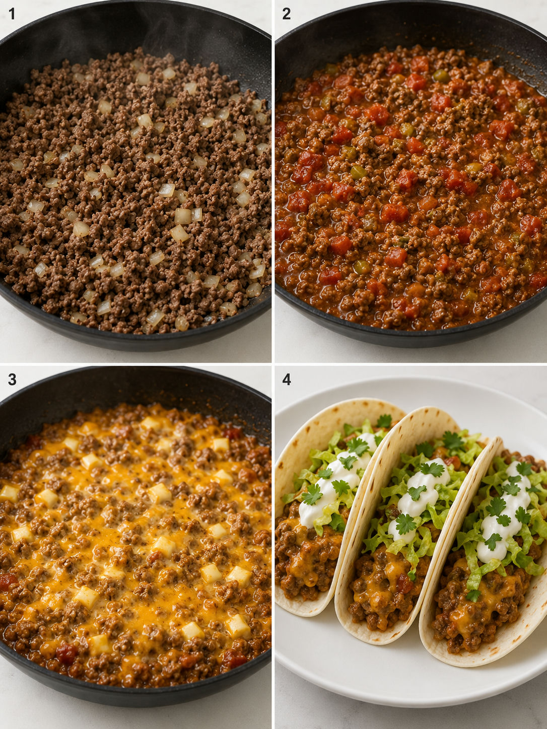 Four cooking steps for cheesy Rotel beef soft tortilla tacos