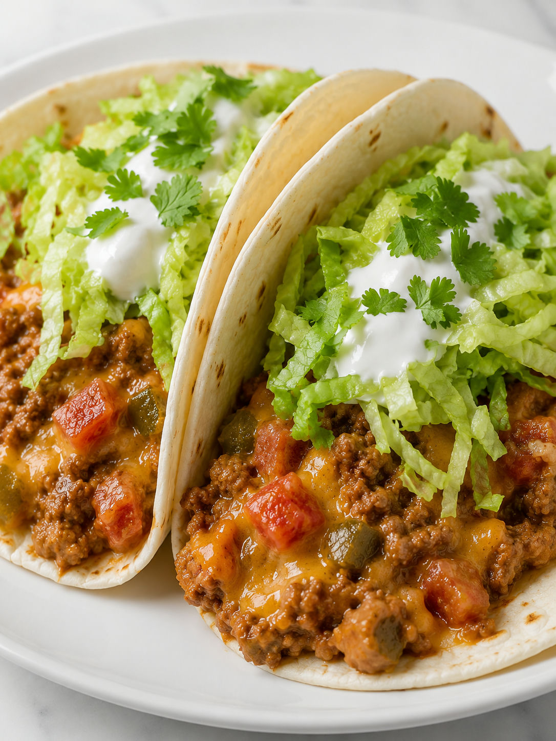 Cheesy Rotel beef soft tacos with lettuce, sour cream, cilantro, and lime