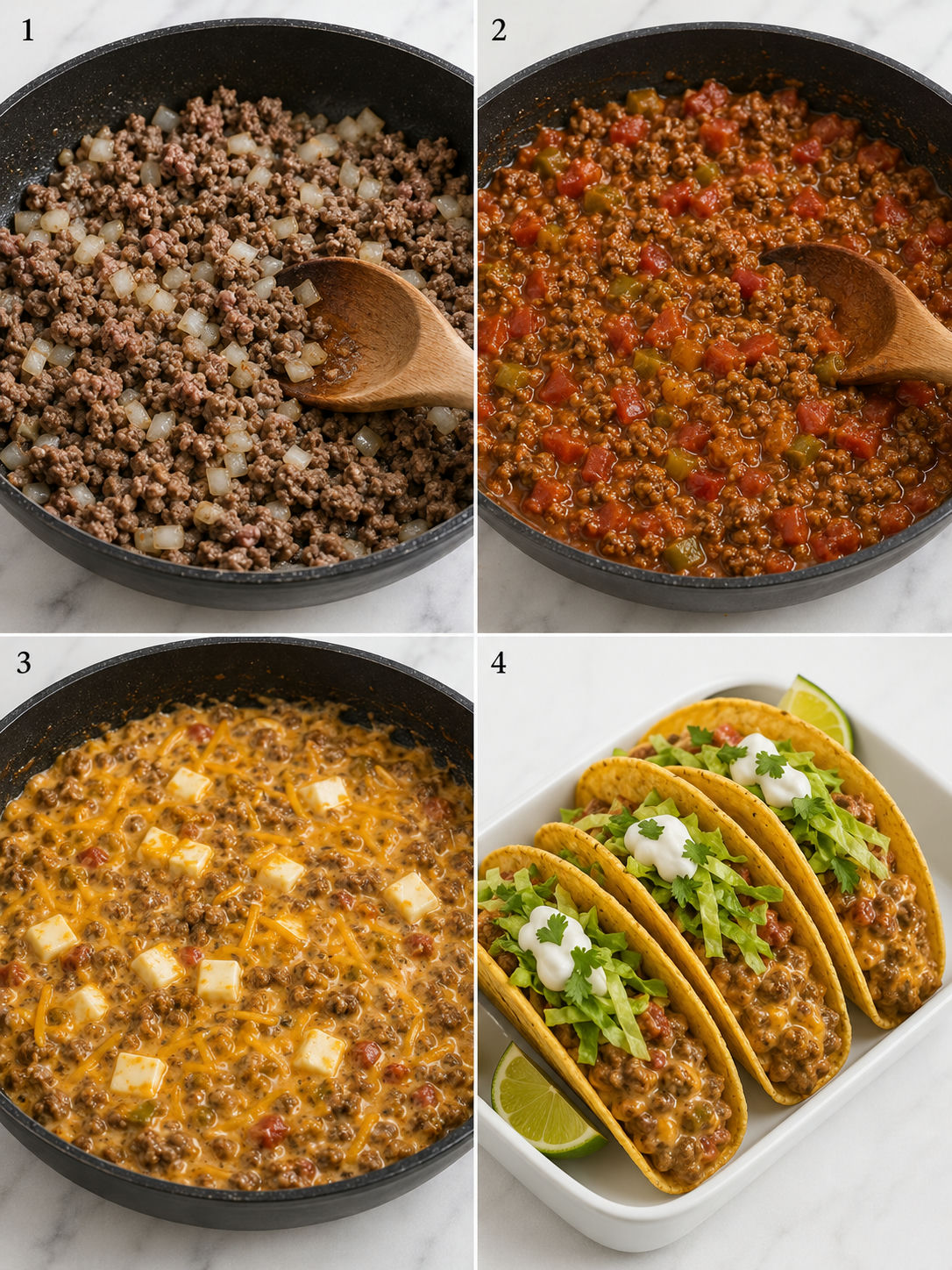 Four steps for making Cheesy Rotel beef tacos from browning to filling shells