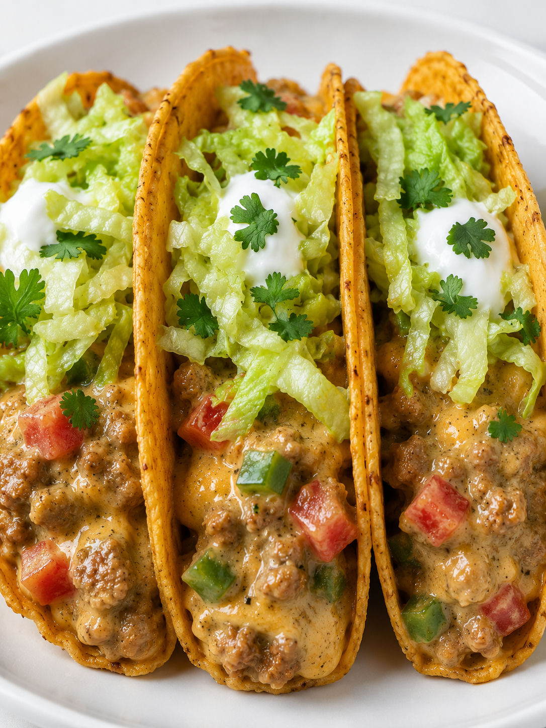 Cheesy Rotel beef tacos in crunchy shells with lettuce, sour cream, and lime