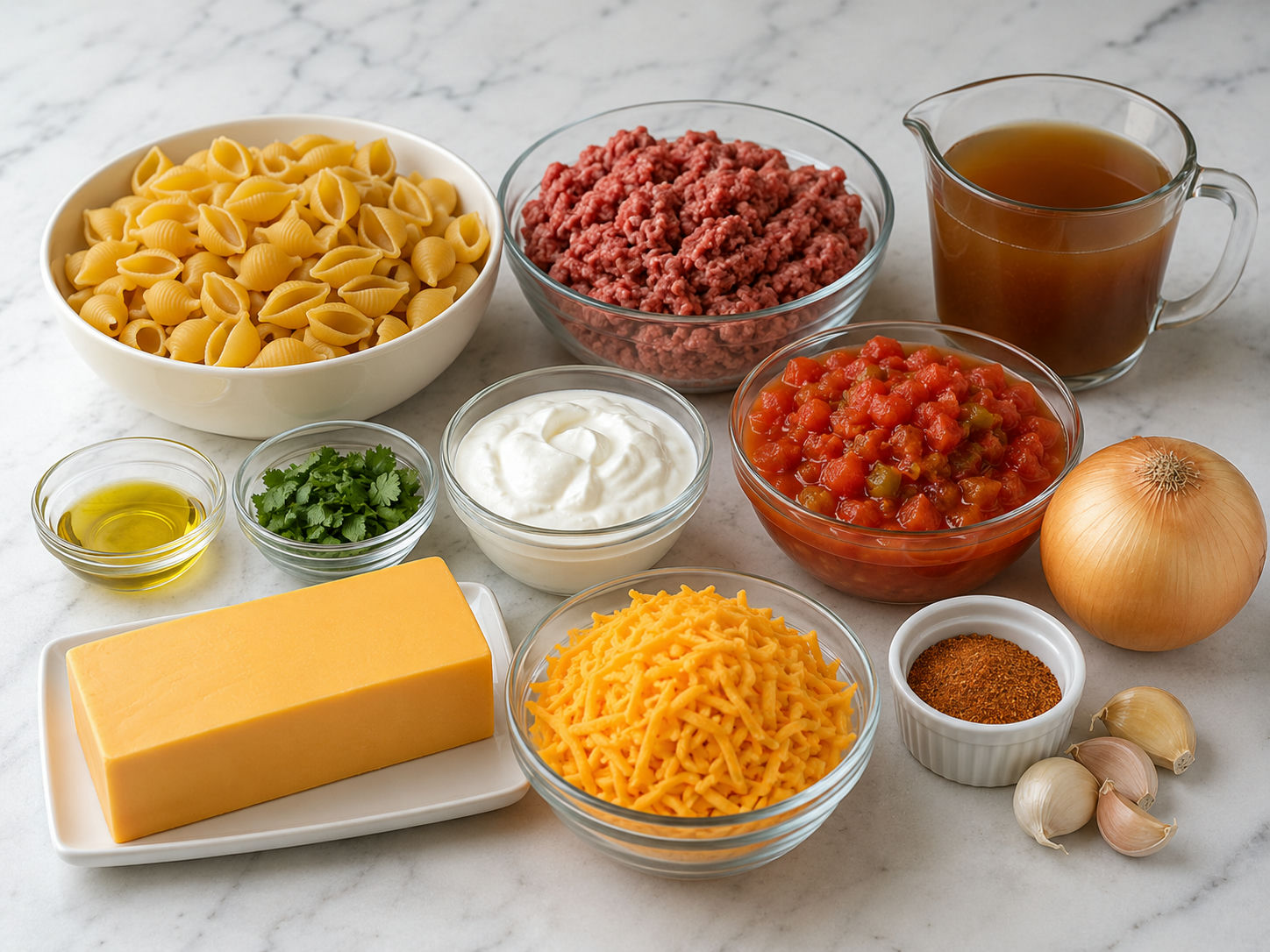 Ingredients for Cheesy Rotel Pasta Dish laid out