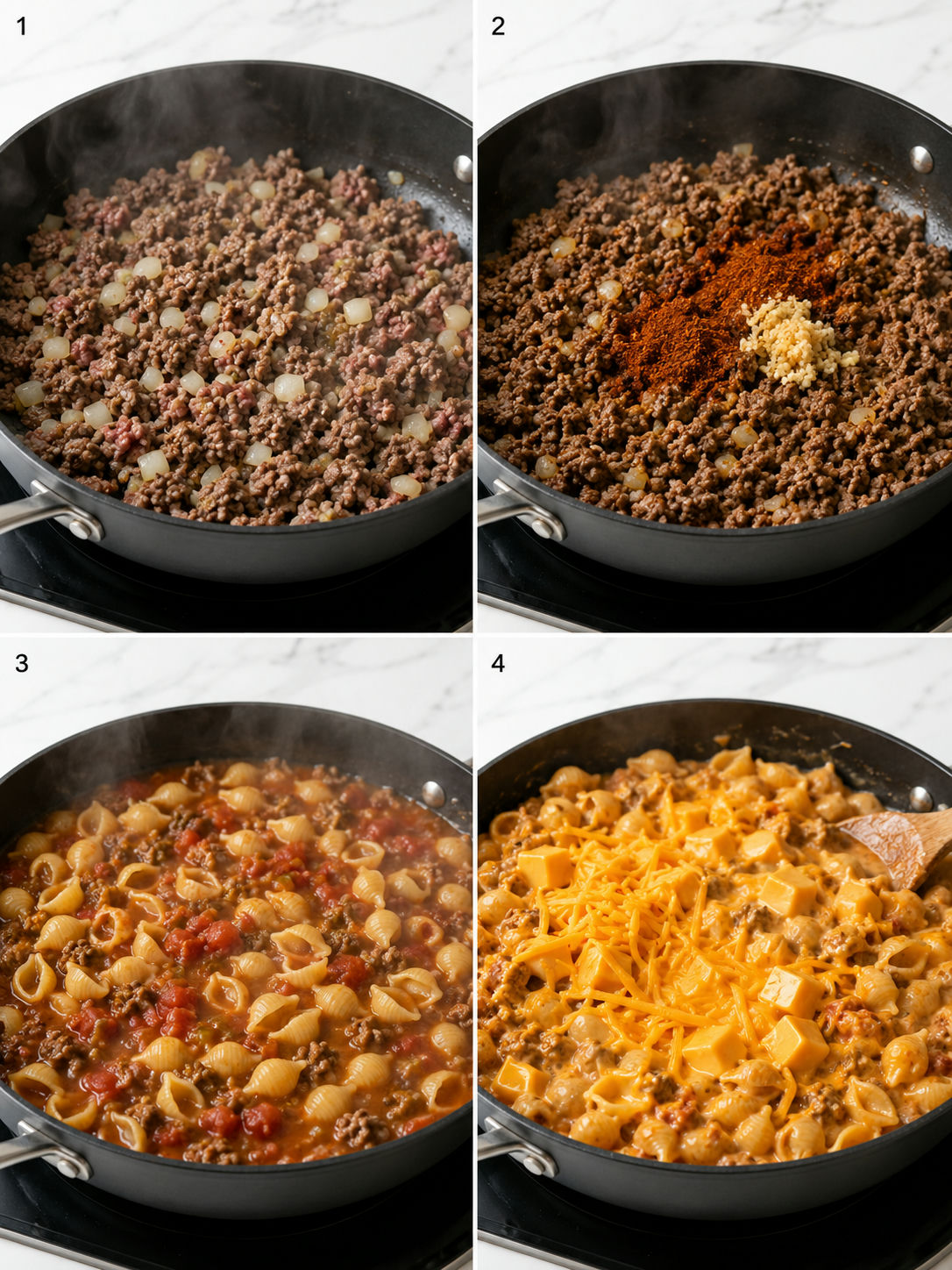 Four cooking steps for Cheesy Rotel pasta in a skillet