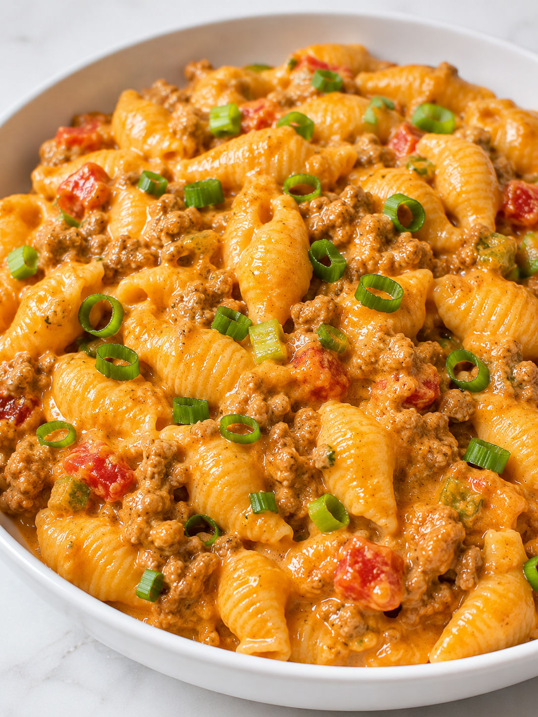 Creamy Cheesy Rotel pasta with beef, tomatoes, and green onion