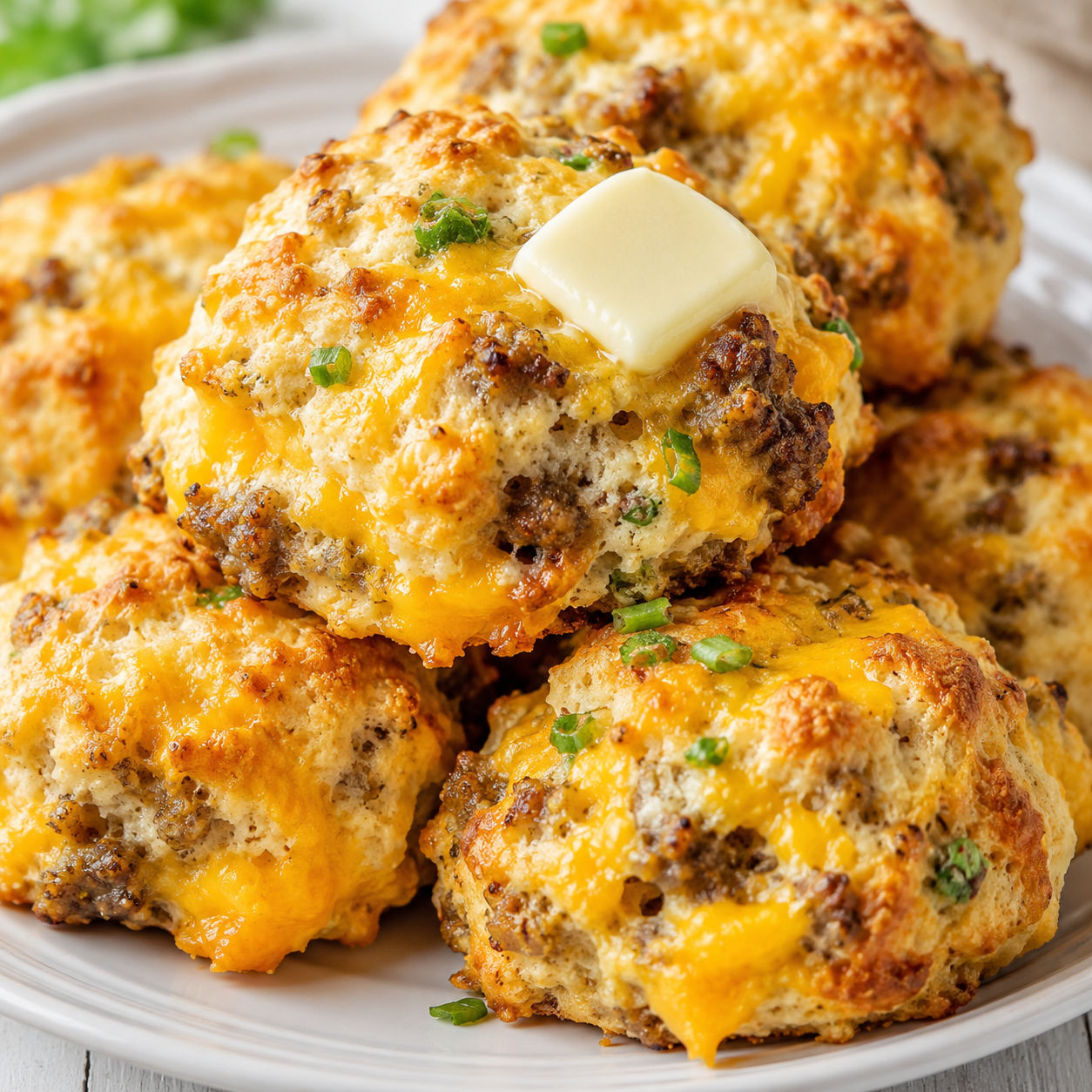 Cheesy sausage biscuits with cheddar and green onions on a white plate