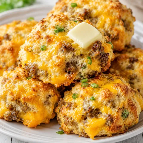 Cheesy sausage biscuits with cheddar and green onions on a white plate