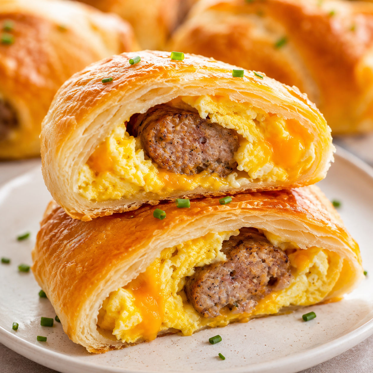 Cheesy sausage egg breakfast rolls with melted cheddar and chives