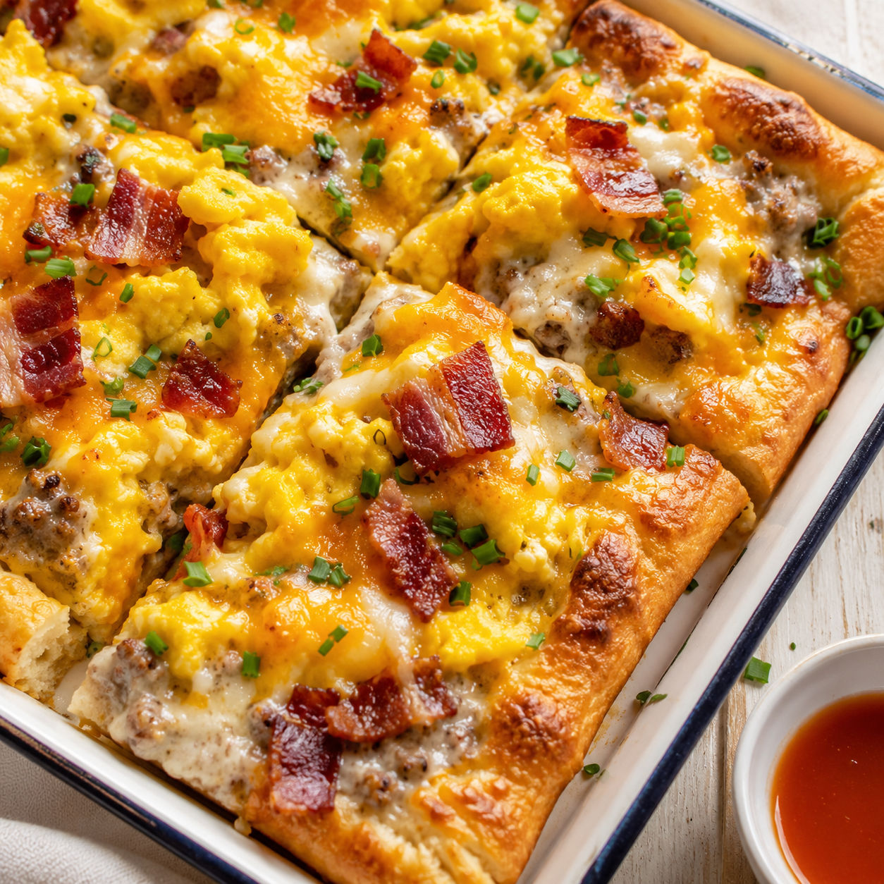 Cheesy bacon and gravy breakfast sheet pan with eggs and chives