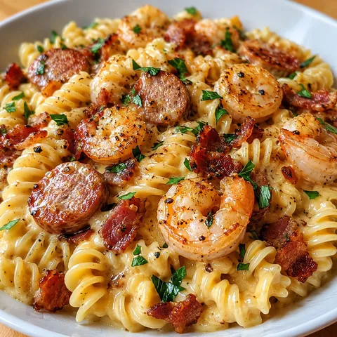 Cheesy shrimp sausage bacon pasta with Gouda and rotini in a bowl