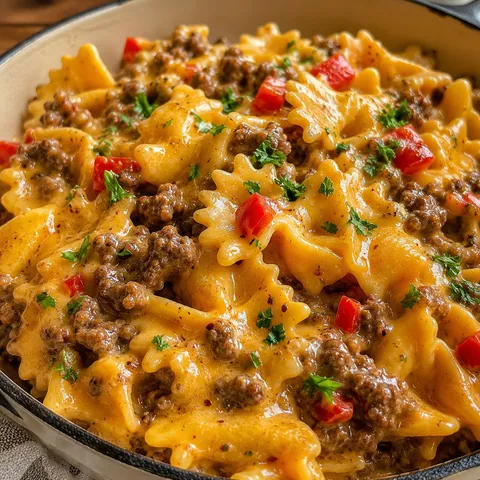 Cheesy hamburger pasta with beef, peppers, and creamy cheddar sauce