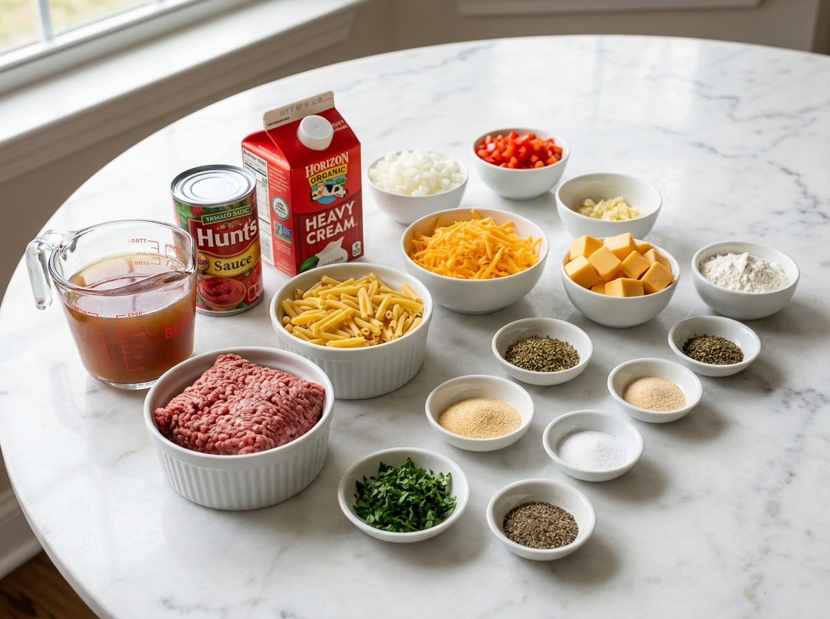 Ingredients for cheesy hamburger pasta with beef, pasta, cream, and cheddar