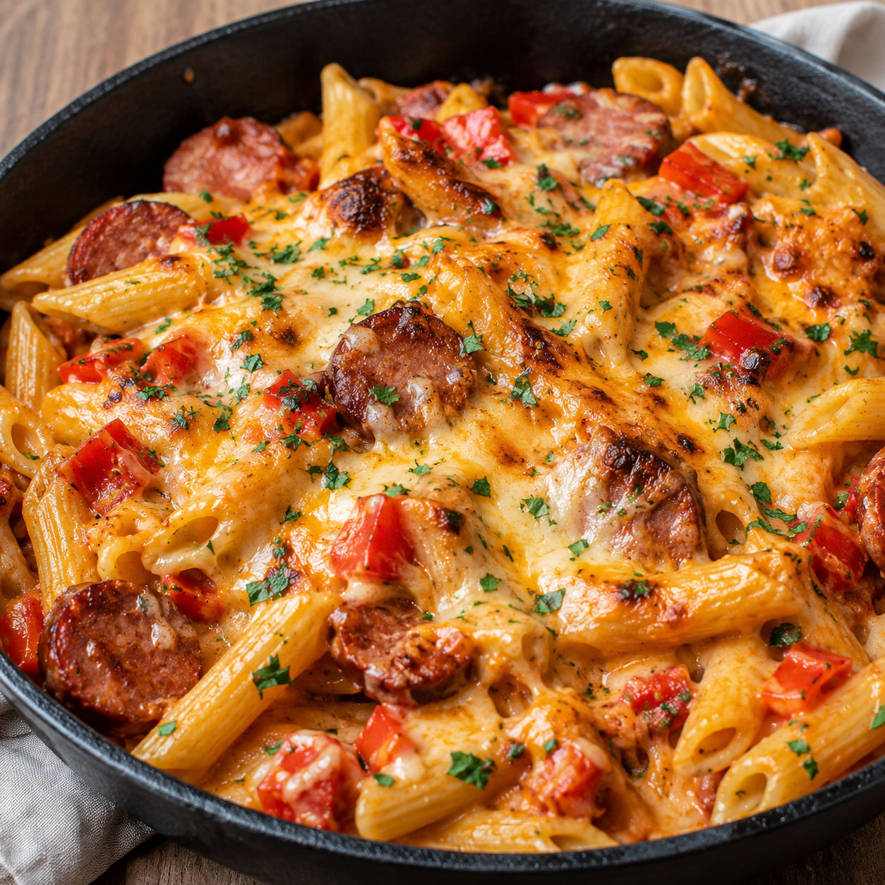 Cheesy sausage pasta skillet with peppers and parsley