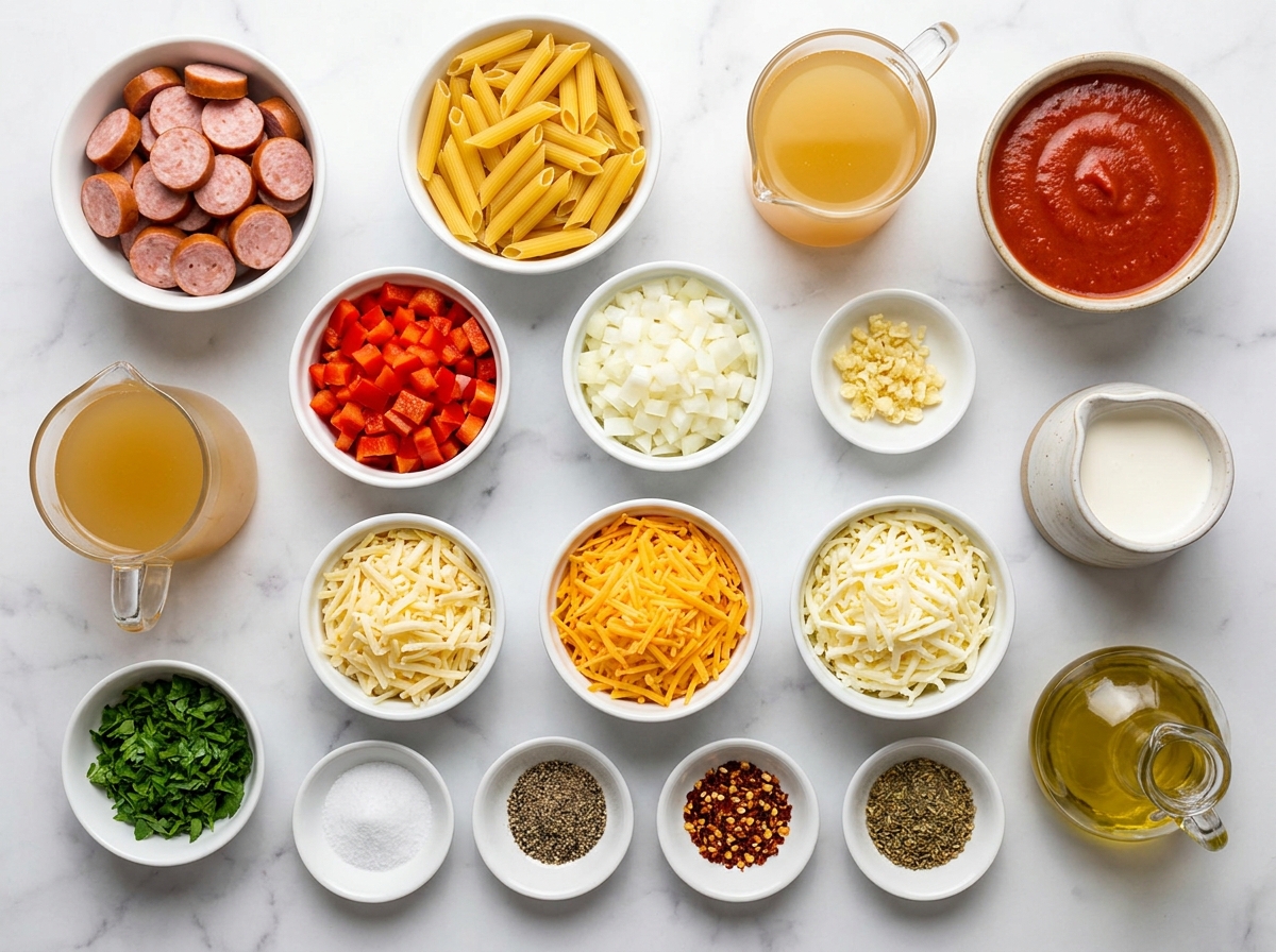 Ingredients for cheesy sausage pasta skillet on a wooden surface