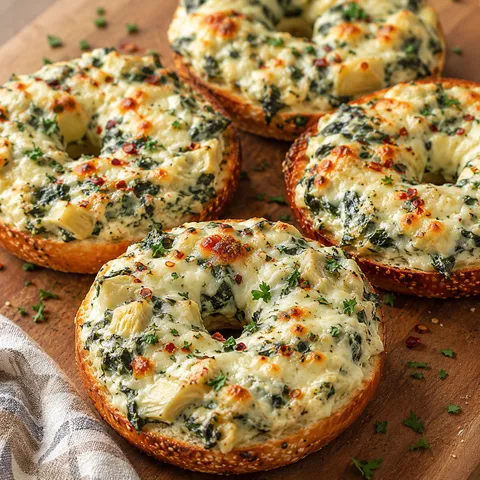 Cheesy spinach artichoke bagels with parsley and bubbly mozzarella