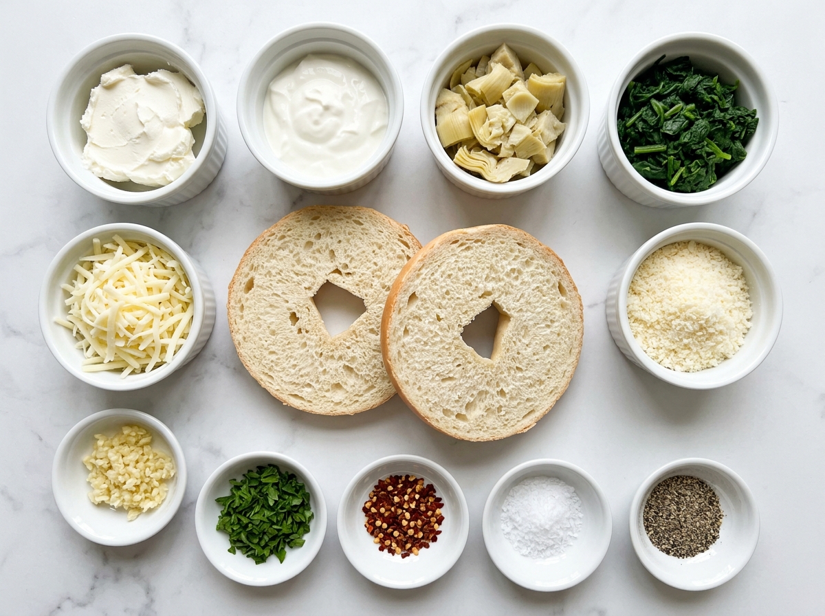 Ingredients for spinach artichoke bagels with cheeses and bagels
