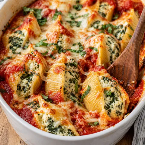 Baked cheesy spinach stuffed shells with melted mozzarella and marinara