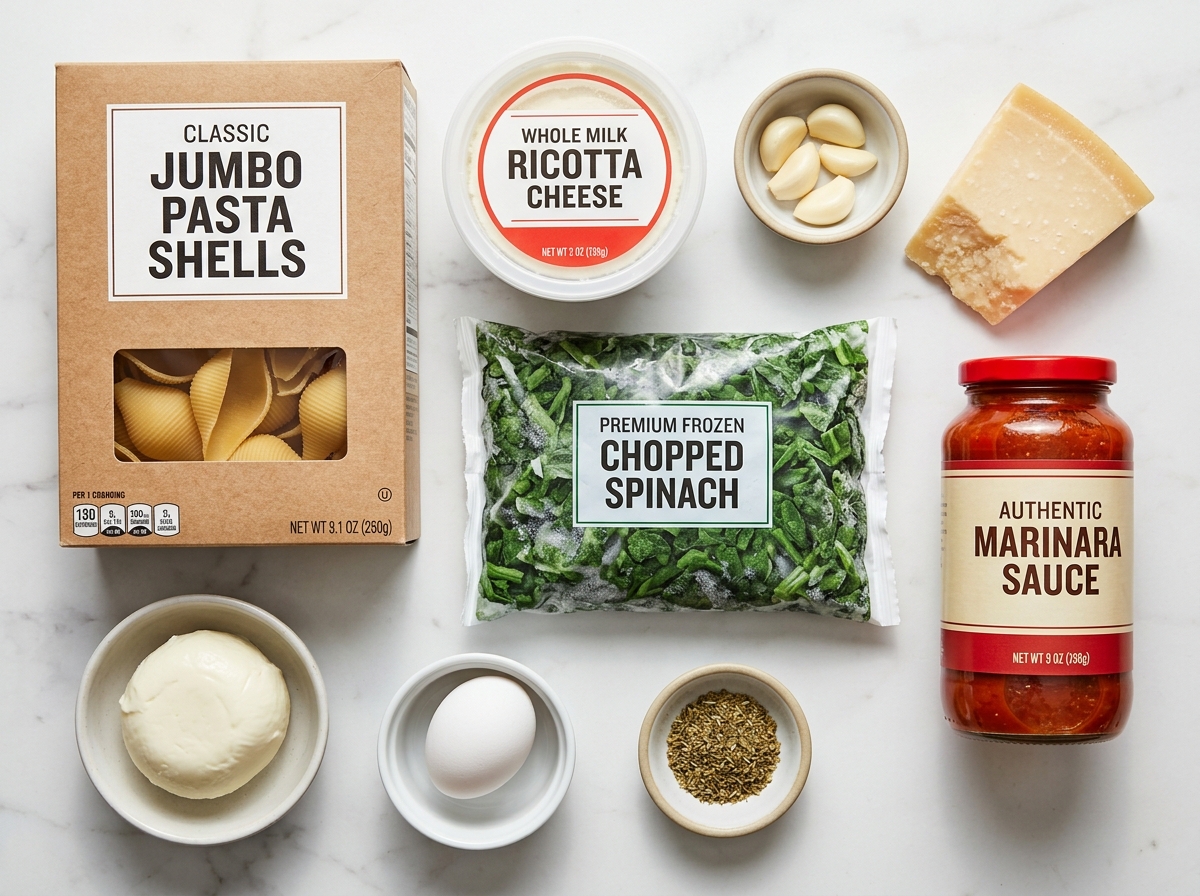 Raw ingredients for cheesy spinach stuffed shells on a marble counter