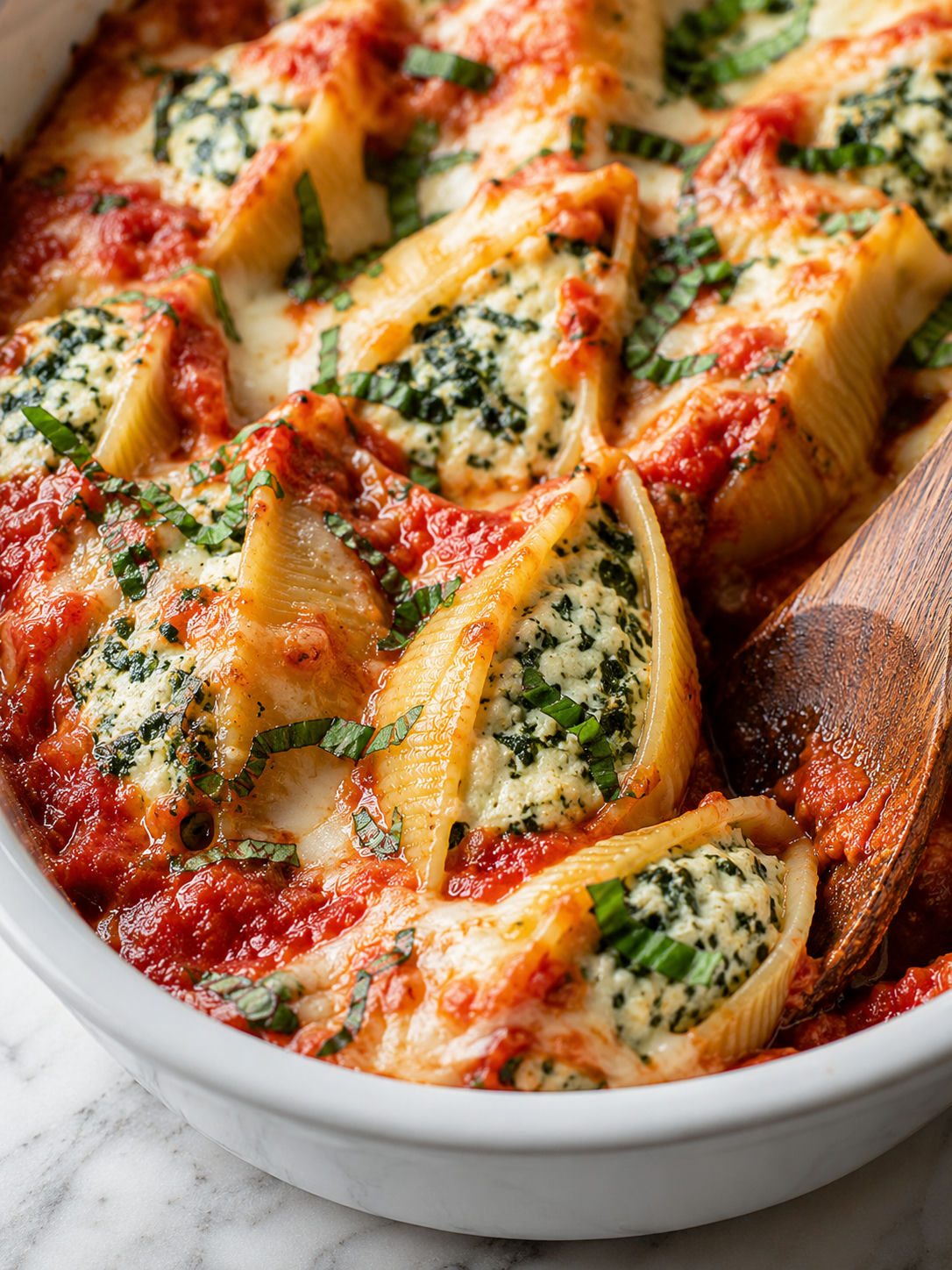 Cheesy Spinach Stuffed Shells, plated and served