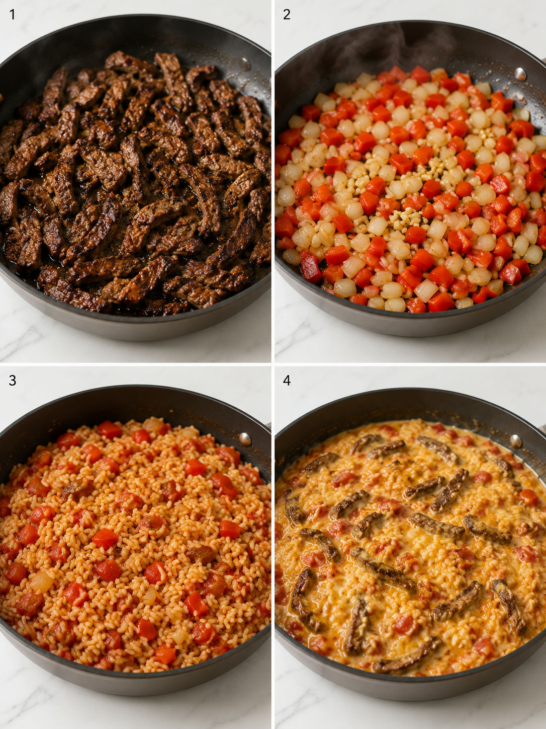 Four cooking steps for cheesy steak queso rice in a skillet