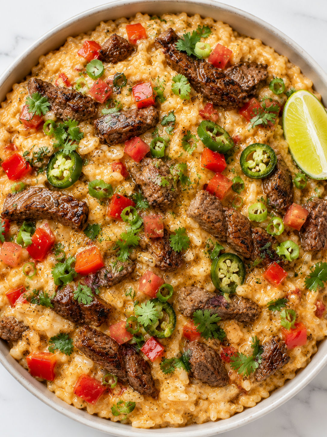 Top-down bowl of cheesy steak queso rice with cilantro and jalapenos