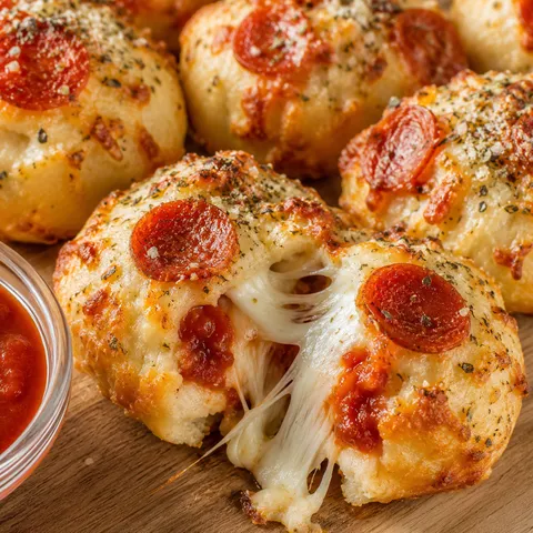 Stuffed crust pizza snacks with pepperoni, parmesan, and warm dipping sauce