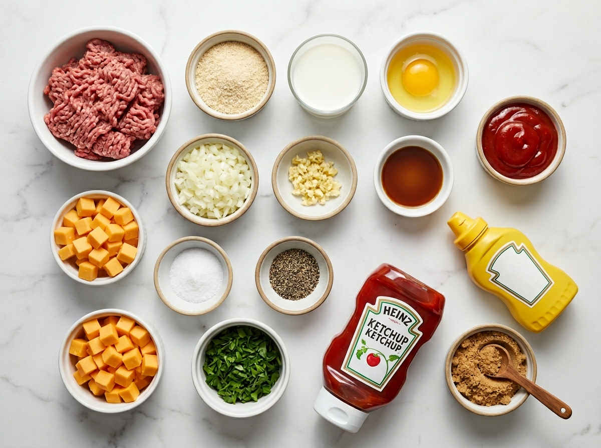 Ingredients for cheesy stuffed meatloaf bites with beef, cheddar, and glaze
