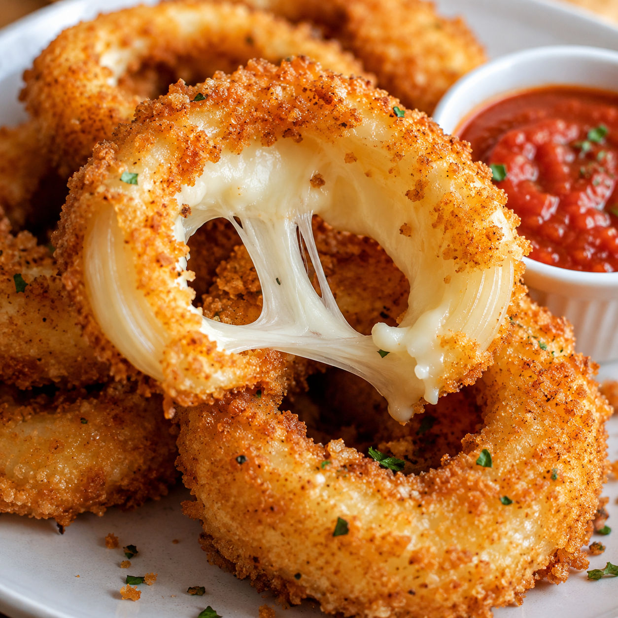 Cheesy stuffed mozzarella onion rings with marinara and melted cheese