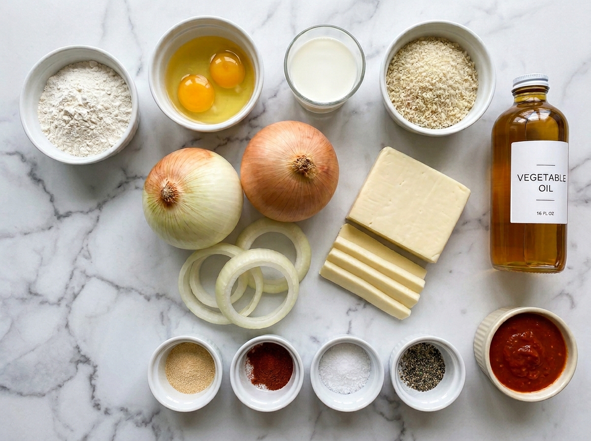 Ingredients for mozzarella stuffed onion rings on a wooden counter