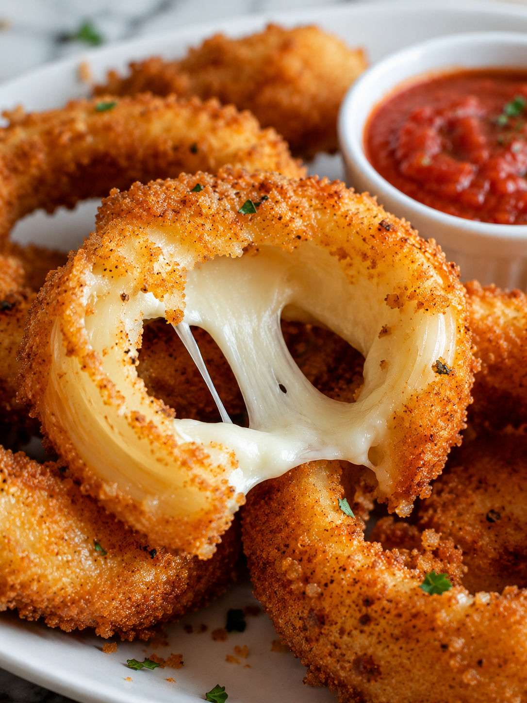 Cheesy Stuffed Mozzarella Onion Rings, plated and served