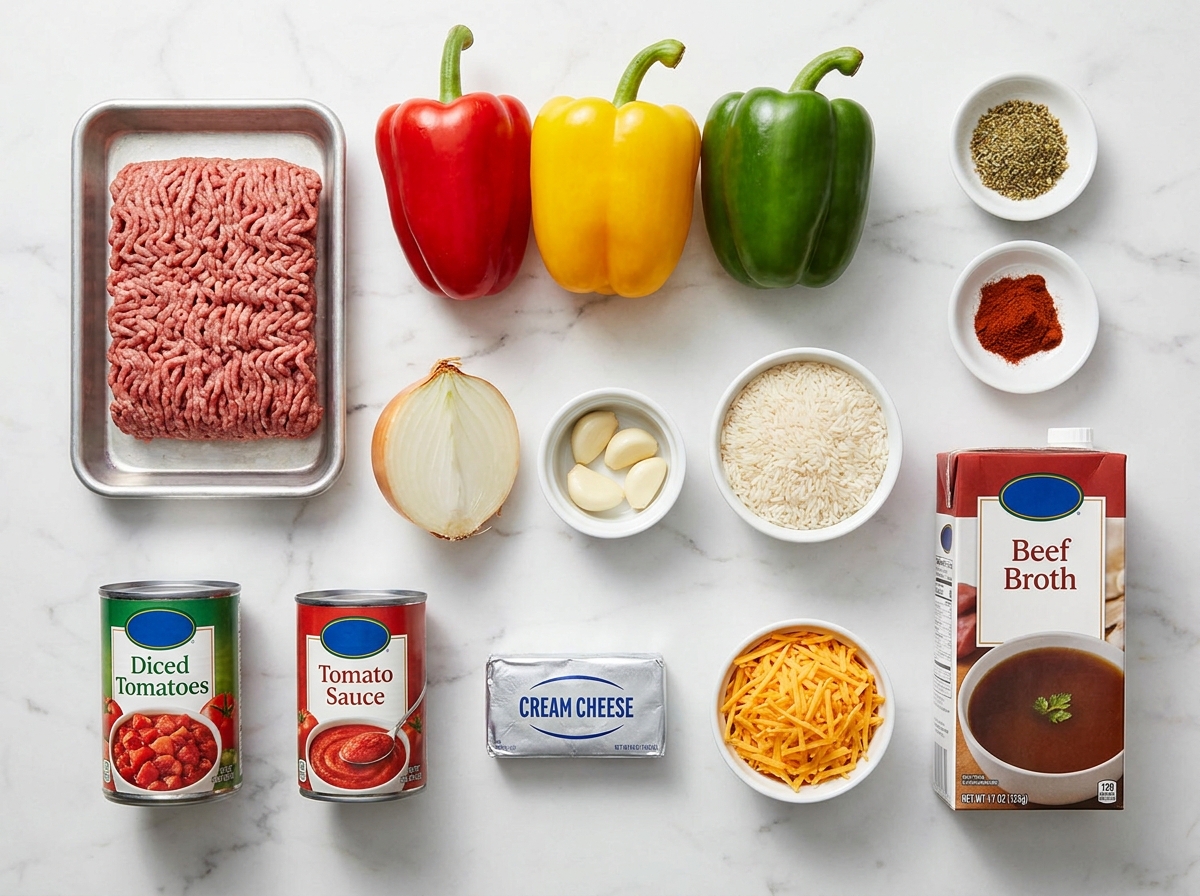 Raw ingredients for cheesy stuffed pepper beef casserole including ground beef, bell peppers, rice, and cheddar