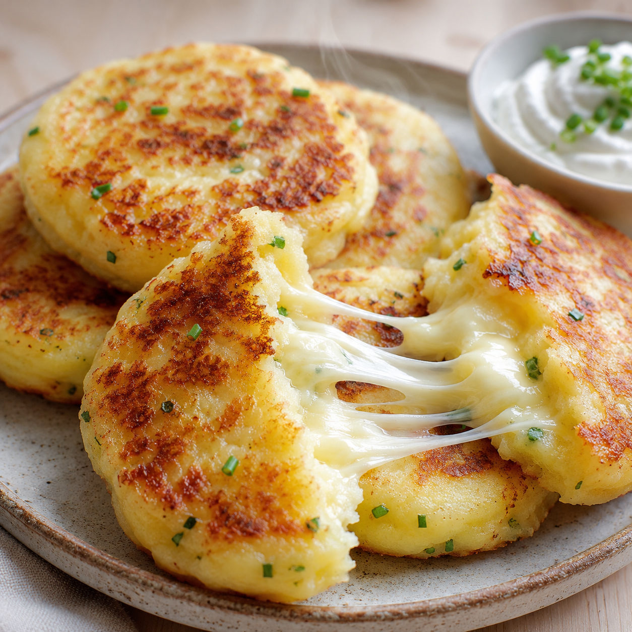 Golden potato cakes with melted fontina cheese and chives on a plate