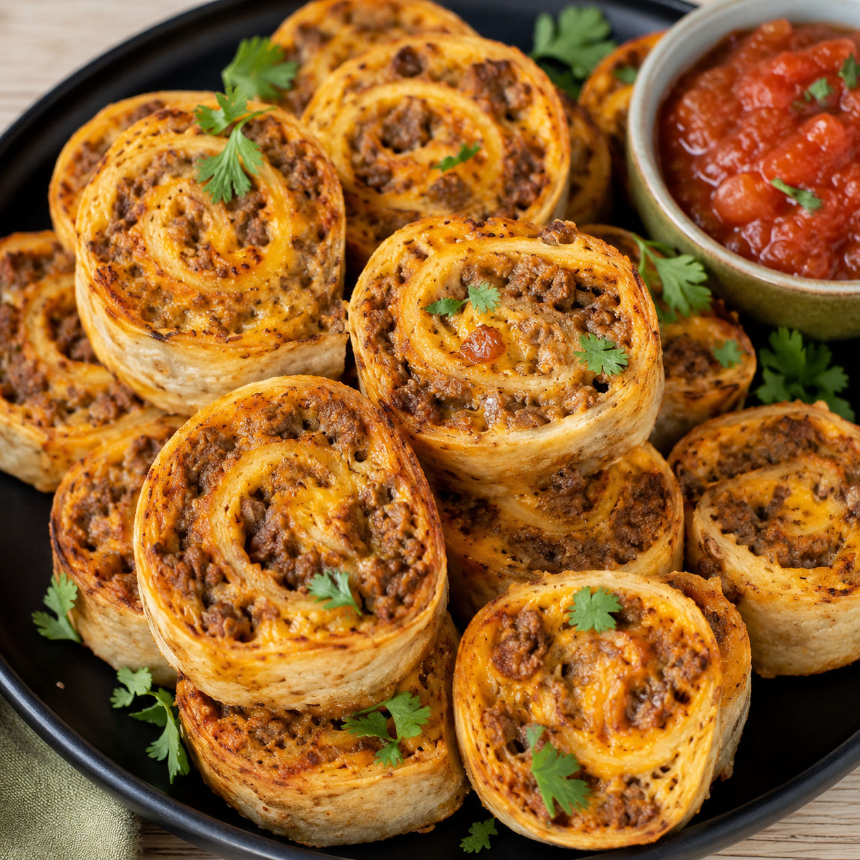 Cheesy taco pinwheels with salsa and cilantro on a black plate