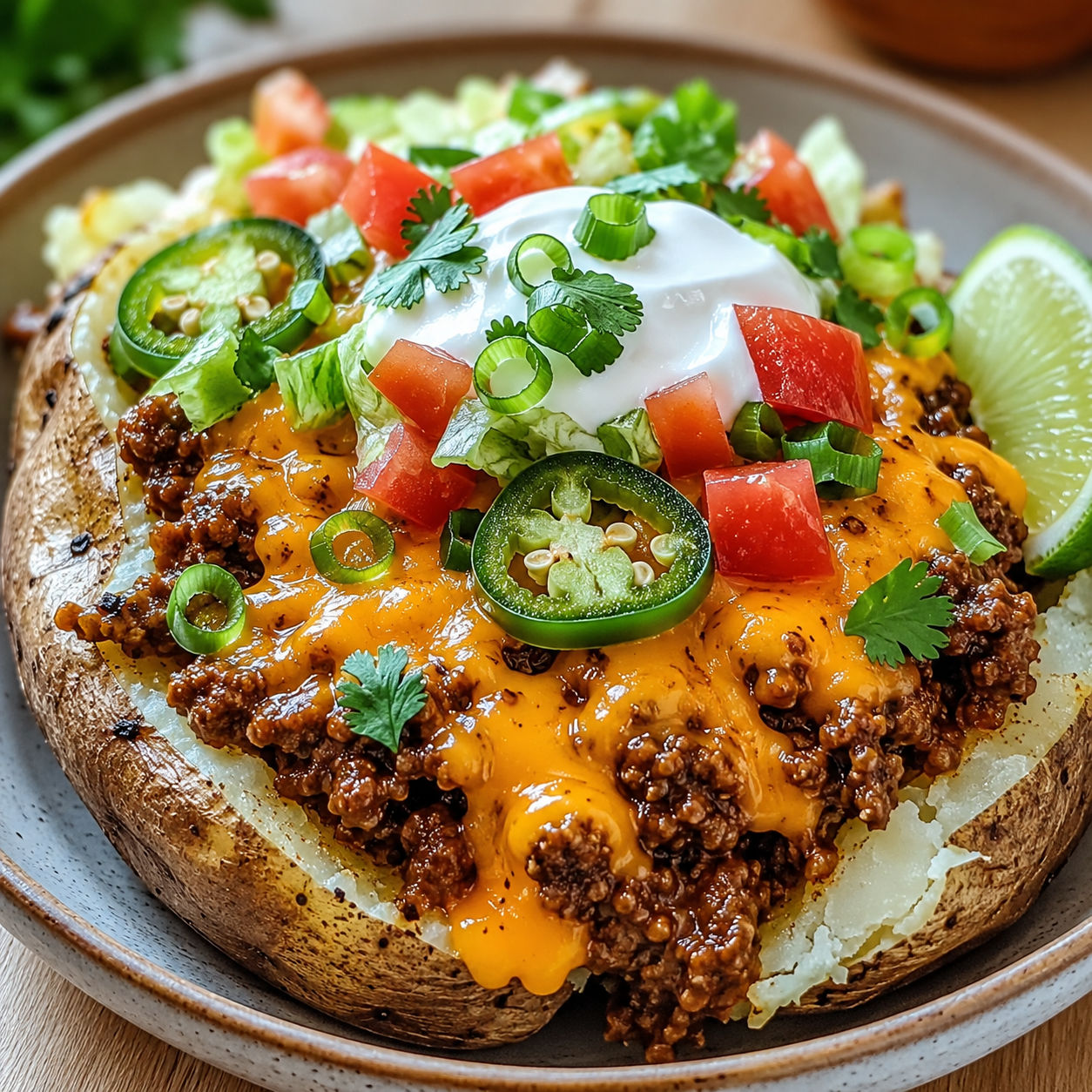 Cheesy taco potato with beef, cheddar, sour cream, tomatoes, and green onions